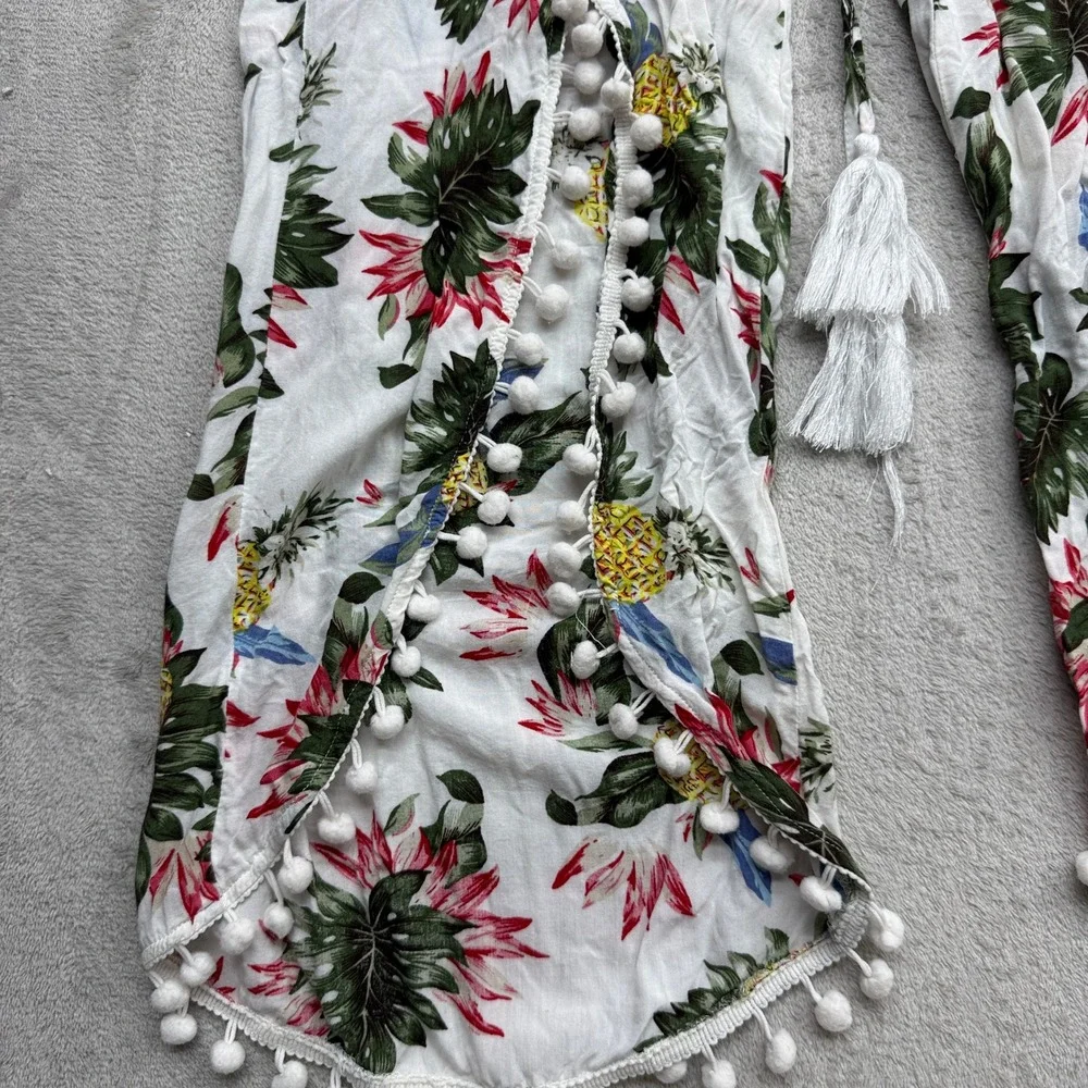 Solitaire Swim Cover Up Pants Women Medium White Tropical Pineapple Pom Pom Slit